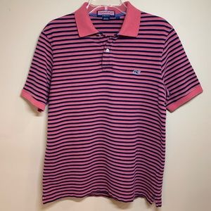 Vineyard Vines Men’s Cotton Stripe Polo, Lighthouse Red and Navy, EUC, Medium